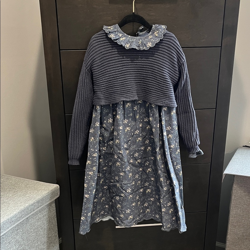 Nou Nelle size 8 Blue/green Floral Dress with grey knit Sweater